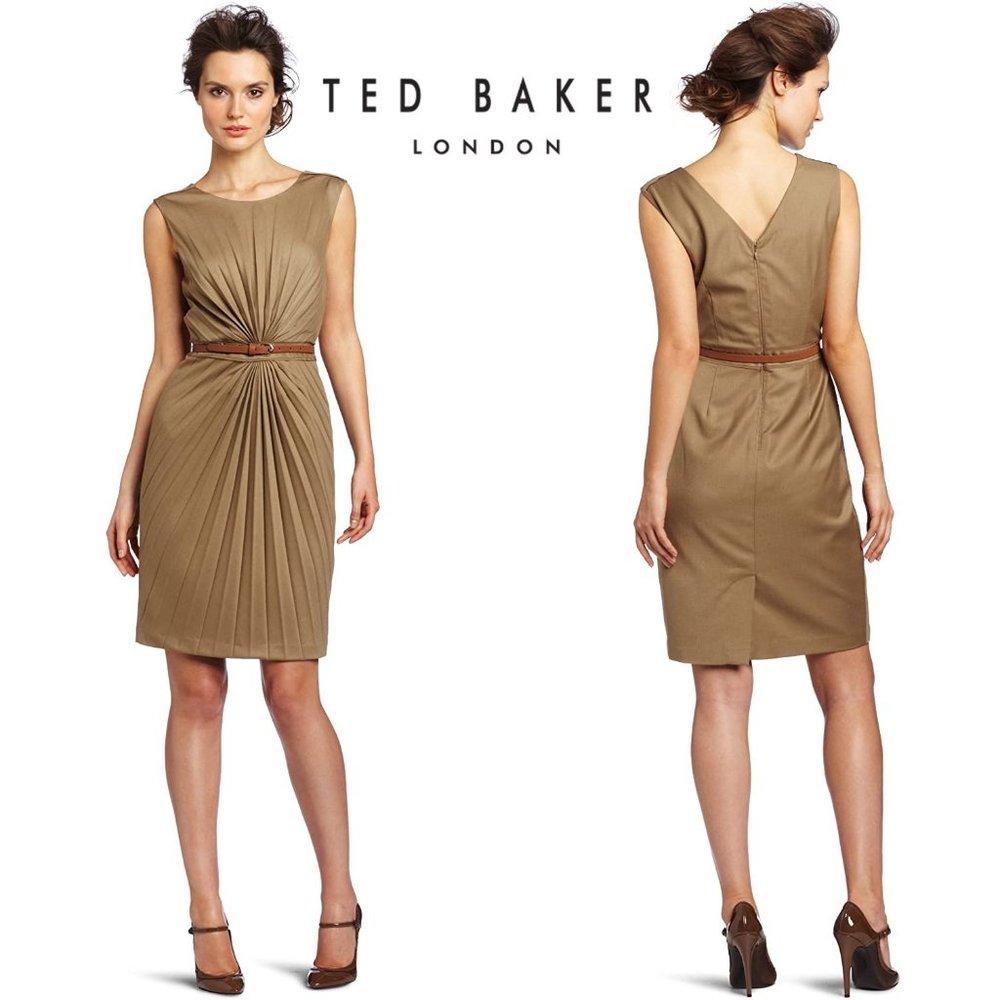 Ted Baker London Dress Radiant Accordion Pleated Sleeveless Sheath Khaki/Camel - Picture 1 of 8